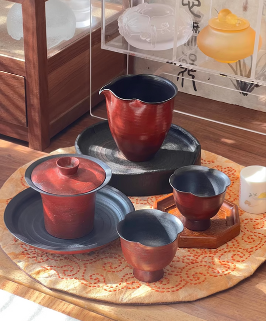 Red Lacquer Handcrafted Coarse Pottery Vintage Tea Set